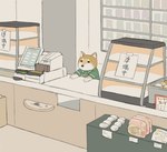 ambiguous_gender brown_body brown_fur cashier clothed clothed_feral clothing feral fur quadruped solo text white_body white_fur avogado6 canid canine canis domestic_dog mammal shiba_inu spitz absurd_res hi_res japanese_text