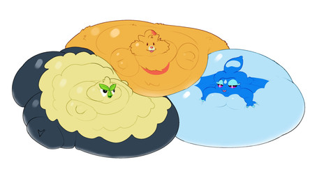 ambiguous_gender beak belly big_belly big_butt big_cheeks black_body black_eyes black_mouth black_sclera blobby blue_eyelids blue_tail butt chubby_cheeks eyebrows fangs fat_rolls feral green_beak green_eyebrows group hair hand_on_belly hand_on_own_belly huge_belly huge_butt huge_cheeks hyper hyper_belly hyper_butt hyper_cheeks immobile lying morbidly_obese morbidly_obese_ambiguous morbidly_obese_feral multicolored_body obese obese_ambiguous obese_feral on_front open_mouth orange_body orange_hair overweight overweight_ambiguous overweight_feral pink_nose purple_sclera simple_background smile tail tan_body tan_hair teeth tongue tongue_out trio two_tone_body white_background white_eyes gorgomcroc nintendo pokemon avian browt canid canine gecqua generation_10_pokemon mammal pokemon_(species) pombon reptile scalie 2026 colored digital_media_(artwork) hi_res shaded