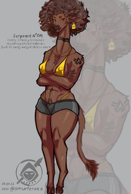 abs afro anthro athletic athletic_anthro athletic_female big_breasts big_nipples bikini bikini_thong bikini_top bottomwear breasts clothing dark_body dark_skin ear_piercing ear_tag female hooves long_neck military muscular muscular_anthro muscular_female nipples piercing shorts solo swimwear tattoo tattoo_on_neck tattoo_on_shoulder thick_thighs two-piece_swimsuit smurferoka bovid bovine cattle mammal absurd_res hi_res