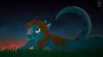 anthro blue_horn butt countershade_torso countershading curled_tail female glowing glowing_eyes grass hair hand_on_chin happy horn looking_at_another lying nude on_front orange_eyes orange_hair outside plant sky smile solo sunset tail teal_body teal_scales flawedspirit mythology selena_(flawedspirit) dragon mythological_creature mythological_scalie scalie 16:9 2025 4k absurd_res digital_drawing_(artwork) digital_media_(artwork) hi_res shaded wallpaper widescreen