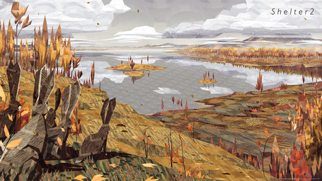 ambiguous_gender autumn brown_body brown_fur cloud day feral forest fur grass group lake leaf nature nature_background on_model orange_grass outside plant pointy_ears pond prick_ears scenery sitting sky stylized text tree water unknown_artist might_and_delight shelter_(game_series) lagomorph leporid mammal rabbit 16:9 hi_res lineless official_art wallpaper widescreen