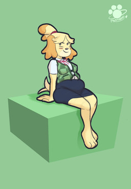 3_toes anthro barefoot belly feet female green_background happy paws plantigrade simple_background sitting slightly_chubby smile solo tail tail_motion tailwag toes pawstronomic animal_crossing nintendo isabelle_(animal_crossing) canid canine canis domestic_dog mammal toy_dog