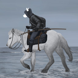 ambiguous_gender anthro black_boots black_bottomwear black_clothing black_footwear black_hood black_jacket black_pants black_topwear boots bottomwear clothing cloud duo feral footwear holding_object holding_reins jacket melee_weapon outside overcast pants pointy_ears polearm riding_horse saddle saddle_bag scythe shoes sky snout topwear water weapon avianvevo equid equine horse mammal 1:1 better_version_at_source hi_res