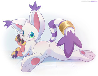 3_toes accessory ambiguous_gender anthro butt butt_focus claws clothing exposure_variation featureless_crotch feet fur furgonomics gloves green_eyes handwear jewelry looking_at_viewer looking_back looking_back_at_viewer markings mostly_nude naughty_face null pawpads paws ring seductive simple_background smile soles solo spread_legs spreading striped_markings striped_tail stripes tail tail_accessory tail_jewelry tail_markings tail_ring text toes whiskers white_body white_fur ancesra bandai_namco digimon digimon_(species) felid feline felis gatomon mammal digital_media_(artwork) shaded url