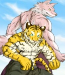 abs anthro barazoku belt biceps big_muscles bottomwear clothed clothing duo flexing fur green_eyes male muscular muscular_male pants pecs pink_body pink_fur pose tail topless yellow_eyes wildheit canid canine canis felid mammal pantherine tiger wolf