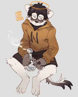 anthro black_bottomwear black_clothing black_hair black_shorts bottomwear brown_body brown_fur clothing drugs fur hair halo hoodie looking_away male marijuana shorts sitting slim slim_anthro slim_male smoking smoking_marijuana solo topwear white_body white_fur yellow_clothing yellow_hoodie yellow_topwear hemuchang domestic_ferret mammal mustelid musteline true_musteline weasel 2022 hi_res