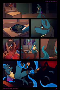 ambiguous_gender andromorph anthro blue_body blue_fur book comic_panel detailed_background fur glowing glowing_eyes intersex multi_panel pawpads paws restrained solo tentacles nootkep nintendo pokemon avian canid generation_4_pokemon lucario mammal pokemon_(species) 2:3 absurd_res comic hi_res nonbinary_(lore)