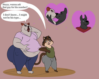 anthro backwards_baseball_cap backwards_hat baseball_cap big_butt black_body black_clothing black_ears black_eyes black_fur black_hat black_headwear black_nose blue_bottomwear blue_clothing blue_pants bottomwear brown_body brown_clothing brown_ears brown_fur brown_hair brown_nose brown_shirt brown_tail brown_topwear butt close-up clothed clothing dialogue duo eyebrows eyes_closed fur green_clothing green_eyes green_shirt green_tank_top green_topwear grey_bottomwear grey_clothing grey_leggings grey_legwear hair half-closed_eyes hand_behind_head hand_behind_own_head hand_on_belly hand_on_face hand_on_own_belly happy hat headgear headwear heart_symbol heterochromia huge_butt kissing leggings legwear looking_at_another love male male/male moobs multicolored_body multicolored_fur narrowed_eyes obese obese_anthro obese_male overweight overweight_anthro overweight_male pants pink_clothing pink_nose pink_shirt pink_t-shirt pink_topwear question_mark raised_eyebrow red_eyes shirt side_view smile speech_bubble standing t-shirt tail tank_top text thick_thighs three-quarter_view topwear two_tone_body two_tone_fur colossalstars bradford_(colossalstars) skylar_lows_(colossalstars) canid canine canis domestic_cat domestic_dog felid feline felis mammal 2025 5:4 digital_media_(artwork) english_text hi_res