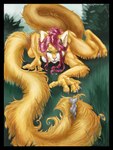 anthro black_border border crouching extreme_size_difference female grass horn hunting nude plant size_difference tail vera_(artist) demon langurhali mammal rodent