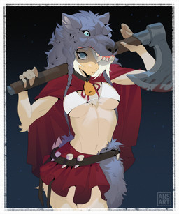 anthro axe bell bell_collar bikini bikini_top blue_eyes bottomwear breasts cape clothing collar costume female hair halloween_costume holidays long_hair looking_at_viewer miniskirt nipple_outline one_eye_obstructed short_tail skirt small_breasts solo swimwear tail text triangle_bikini two-piece_swimsuit under_boob white_hair ansart fairy_tales halloween little_red_riding_hood_(copyright) ann_the_sheep little_red_riding_hood bovid caprine mammal sheep english_text hi_res