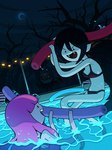 ambiguous_gender bikini bite_mark bite_mark_on_neck black_hair breasts cleavage clothed clothing duo_focus fanged_bite_mark fanged_bite_mark_on_neck fangs female group hair humanoid_pointy_ears not_furry partially_submerged pink_hair play_fight pointy_ears pool pool_noodle smile swimwear teeth toony trio two-piece_swimsuit wet wet_body discount-supervillain adventure_time cartoon_network jake_the_dog marceline_abadeer princess_bubblegum demon human humanoid hybrid mammal vampire 3:4 hi_res