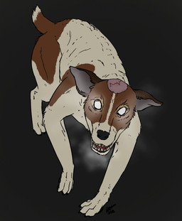 ambiguous_gender breath brown_body brown_fur digitigrade emaciated empty_eyes feral fur grey_background grey_inner_ear head_scar paws ribs scar simple_background snout solo tail teeth white_body white_eyes white_fur conditional_dnp wolftacos the_plague_dogs snitter_(the_plague_dogs) fox_terrier 2018 digital_drawing_(artwork) digital_media_(artwork) hi_res