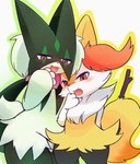 anthro blush duo female female_anthro half-closed_eyes looking_at_viewer narrowed_eyes open_mouth simple_background standing rag._(artist) nintendo pokemon braixen generation_6_pokemon generation_9_pokemon meowscarada pokemon_(species)