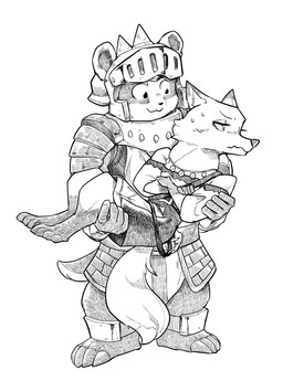 anthro armor barefoot bodily_fluids carrying_another clothed clothing crossed_arms duo embarrassed feet female headgear helmet jewelry looking_at_another male necklace simple_background sweat tail white_background harefurahoroni armello league_of_geeks horace_(armello) scarlet_(armello) badger canid canine fox mammal mustelid musteline monochrome