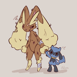 3_fingers 3_toes ambiguous_gender annoyed anthro bandage bandaged_arm bandaged_leg biped black_eyes black_sclera blue_body blue_fur blue_tail brown_body brown_fur bruised duo feet fingers front_view fur looking_at_viewer nude nude_ambiguous nude_anthro red_eyes simple_background standing tail toes advos nintendo pokemon generation_4_pokemon lopunny pokemon_(species) riolu 1:1 2026 digital_drawing_(artwork) digital_media_(artwork)