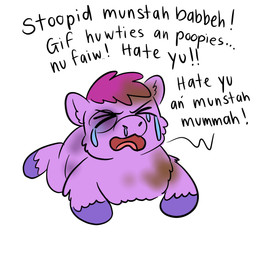 >_< ambiguous_feral ambiguous_gender baby_talk bodily_fluids crying dialogue dirty eyes_closed feces feces_on_body feces_on_face feral front_view fur hair hooves lying on_front open_mouth pained_expression purple_body purple_fur purple_hair purple_hooves simple_background snot solo tantrum tears text white_background young young_ambiguous young_feral squeegull fluffy_pony fluffy_pony_(species) mammal 1:1 2025 absurd_res comic digital_media_(artwork) english_text flat_colors hi_res