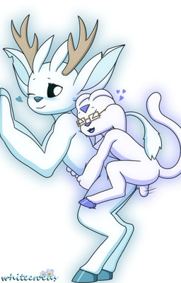 4_fingers antennae_(anatomy) anthro antlers balls black_sclera blue_heart blue_hooves blue_nose blue_penis blue_tongue duo eyelashes eyes_closed eyewear female female_penetrated fingers floppy_ears forehead_gem from_behind_position gem genitals glasses glowing hand_on_belly heart_symbol hooves horn larger_female larger_penetrated looking_at_another male male/female male_penetrating male_penetrating_female motion_lines open_mouth penetration penis perching_position pointy_ears pupils sex simple_background size_difference smaller_male tail tongue vaginal vaginal_penetration white_background white_body white_pupils whitecrocus microsoft ori_(series) xbox_game_studios ocus_(whitecrocus) guardian_spirit 2026 absurd_res digital_media_(artwork) hi_res signature