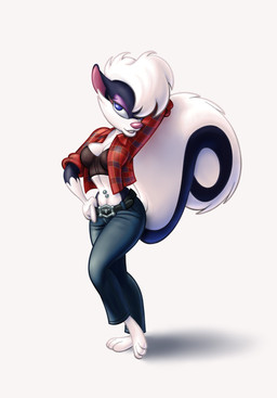 3_toes anthro barefoot belt_buckle blue_eyes bottomwear breasts buckle cheek_tuft cleavage clothed clothing countershade_face countershade_torso countershading crop_top denim denim_bottomwear denim_clothing facial_tuft feet female jeans markings midriff navel navel_piercing pants pattern_clothing paws piercing pink_nose plaid plaid_clothing plantigrade shirt solo striped_markings striped_tail stripes tail tail_markings toes topwear tuft stanmort sally_skunk mammal mephitid skunk 2025 hi_res