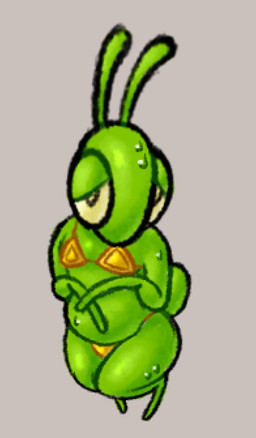 anthro bikini bikini_bottom bikini_top bodily_fluids clothed clothing crossdressing looking_at_viewer male perspective solo sweat swimwear two-piece_swimsuit hhbrother manny_(hhbrother) arthropod insect mantis sketch
