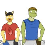 1:1 2017 alligator alligatorid anthro clothed clothing crocodilian duo fully_clothed fuze fuzeyeen gabriel_(fuze) hat headgear headwear hi_res hyena laundry looking_aside male mammal reptile scalie shirt spotted_hyena t-shirt tank_top topwear