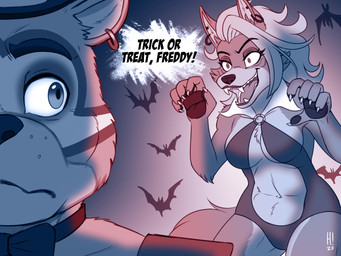 5_fingers anthro bow_tie breasts clothed clothed_anthro clothed_female clothing costume dialogue duo fangs female fingers fur hair halloween_costume holidays humanoid_hands male male/female navel pawpads speech_bubble teeth text tongue heresy_(artist) five_nights_at_freddy's five_nights_at_freddy's:_security_breach halloween scottgames steel_wool_studios vampirella_(series) glamrock_freddy roxanne_wolf vampirella bear canid canine canis mammal wolf 2025 4:3 english_text
