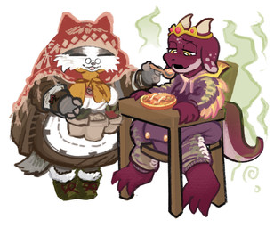 anthro diaper duo feces feeding female high_chair soiled_diaper stink_fumes unclean_diaper used_diaper lileli capcom monster_hunter grammeowster_chef domestic_cat felid feline felis kobold mammal scalie hi_res