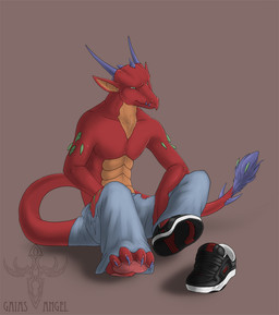 4_toes anthro barefoot biped black_clothing black_footwear black_shoes blue_bottomwear blue_clothing blue_horn bottomwear claws clothed clothing denim denim_bottomwear denim_clothing facial_piercing feet footwear green_eyes grey_clothing hindpaw horn jeans male pants pawpads paws piercing red_body red_scales scales shoes simple_background sitting solo tail tail_tuft toe_claws toes topless torn_clothing tuft pechschwinge european_mythology mythology cirez dragon mythological_creature mythological_scalie scalie western_dragon