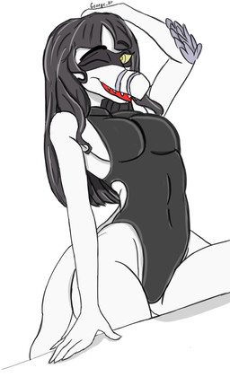 anthro biped black_hair breasts clothed clothed_anthro clothed_female clothing elbow_feathers eyebrow_through_hair eyebrows feathers female fingers grey_body grey_feathers hair hand_on_head happy humanoid_hands long_hair looking_at_viewer medium_breasts navel non-mammal_breasts one-piece_swimsuit one_eye_closed one_leg_up open_mouth open_smile raised_leg sharp_teeth side_boob simple_background smile solo swimwear tail teeth text three-quarter_view translucent translucent_hair white_background yellow_eyes george_kp cavemanon_studios i_wani_hug_that_gator lunara_(iwhtg) bambiraptor dinosaur dromaeosaurid prehistoric_species reptile scalie theropod artist_name colored hi_res shaded