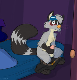 anthro balls bed bedroom belt biped bottomwear clothing embarrassed eyewear foreskin furniture genitals glans goggles inside looking_at_viewer male mostly_nude mostly_nude_anthro mostly_nude_male on_bed pants penis sitting sitting_on_bed text three-quarter_view orlandofox ringo_raccoon mammal procyonid raccoon 2018 artist_name dated digital_drawing_(artwork) digital_media_(artwork) english_text handwritten_text hi_res