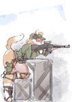 anthro armor assault_rifle bottomless clothed clothing electronics female fingerless_gloves gloves gun handwear hat headgear headphones headwear holstered_pistol ranged_weapon rifle shirt simple_background solo thick_thighs topwear unconvincing_armor weapon white_background wide_hips yazawaowl canid canine fox mammal hi_res