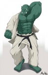 5_fingers 5_toes abs bald barefoot belt biceps big_muscles bottomwear clothed clothing fangs feet fingers fist flexing front_view green_body green_nipples green_skin hand_behind_head humanoid_feet humanoid_pointy_ears male muscular muscular_humanoid muscular_male nipples not_furry open_clothing open_shirt open_topwear pants partially_clothed pecs plantigrade pointy_ears shirt simple_background solo standing teeth toes topwear tusks undressing white_background maldu blizzard_entertainment warcraft ki humanoid orc cel_shading hi_res shaded