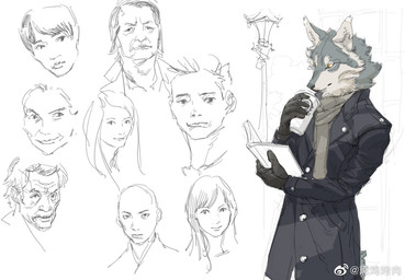 anthro beverage black_clothing black_coat black_gloves black_handwear black_nose black_topwear book bottomwear button_(fastener) cheek_tuft clothed clothing coat coffee_cup container cup facial_tuft female fur gloves grey_body grey_fur group hair handwear holding_book holding_container holding_cup holding_object long_coat looking_at_viewer looking_away male multicolored_body multicolored_fur scarf simple_background standing tail topwear trenchcoat tuft two_tone_body two_tone_fur white_body white_fur yoshi.kaoru canid canine canis human mammal wolf bust_portrait half-length_portrait portrait sketch
