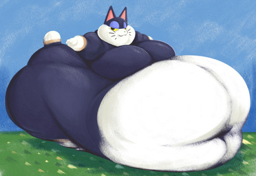 anthro belly belly_overhang big_belly big_butt black_body blobby butt deep_navel fat_face huge_belly huge_butt huge_thighs hyper hyper_belly hyper_butt hyper_thighs immobile male moobs navel obese obese_male overweight overweight_male simple_background solo tail thick_thighs white_belly white_paws hoodah animal_crossing nintendo punchy_(animal_crossing) domestic_cat felid feline felis mammal 2025 colored