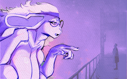 anthro character_insert duo eyewear female gesture glasses hair hand_gesture long_ears long_hair male male/female movie_reference nude overweight overweight_female pointing round_glasses wearing_glasses jdoe_p blade_runner_2049 final_fantasy square_enix fan_character nu_mou hi_res