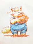 anthro barefoot blush bread clothing eyes_closed feet food hair hair_bun male overalls overweight overweight_male paw_bread smile solo tail young young_anthro sharktaku1 cyberconnect2 fuga:_melodies_of_steel little_tail_bronx boron_brioche domestic_cat felid feline felineko felis mammal 3:4 absurd_res hi_res