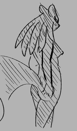 anthro black_body breasts butt ears_back female frown grey_background hair long_hair nipples pivoted_ears pose simple_background solo tail zevinhalt rain_world videocult watcher_(rain_world) slugcat line_art monochrome