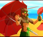 anthro beach beverage blood blood_from_mouth blood_in_mouth bodily_fluids bottle bottomwear brown_body brown_fur claws clothed clothing colored_blood container cup ears_back exclamation_point fur fuzzy glass glass_container glass_cup gore green_blood green_bottomwear green_clothing green_eyes holding_beverage holding_bottle holding_container holding_glass holding_object impalement looking_down male nipples nosebleed outside pivoted_ears pupils sea seaside shorts sky slit_pupils solo stab standing tis_but_a_flesh_wound topless umbrella unusual_blood unusual_bodily_fluids water wounded 0ct0m0n0 renald_(anarchyreigns) canid mammal