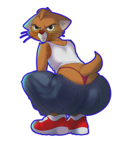 anthro big_butt bottomwear brown_eyes butt clothing crouching denim denim_bottomwear denim_clothing footwear grumpy jeans male pants shirt shoes sneakers solo tank_top thong tight_clothing topwear underwear wide_hips young binkykun disney oliver_and_company oliver_(disney) domestic_cat felid feline felis mammal tabby_cat absurd_res hi_res