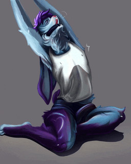 anthro binding choker clothing glistening glistening_hair hair jesse_bun jewelry male necklace shirt solo stretching suggestive tank_top topwear alexxxarina34 malish lagomorph leporid mammal rabbit animated animated_gif short_playtime