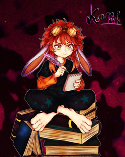 4_toes black_clothing book clothed clothing eyewear feet goggles hair loose_feather male notebook orange_eyes orange_hair paws pile_of_books purple_ears quill rabbit_ears solo star_clothing toes kaniho_90 kani_(kaniho_90) human humanoid lagomorph leporid mammal rabbit signature
