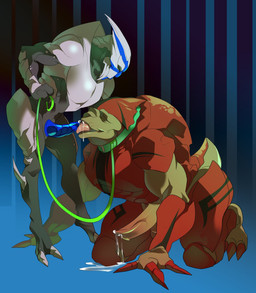 bodily_fluids collar cum duo female genital_fluids genitals kneeling leash leashed_collar licking male male/male nude oral penile penis penis_lick sex smile standing tongue squarerootofdestiny bioware electronic_arts mass_effect horans_(maomucalinda) alien krogan turian hi_res
