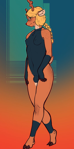 anthro balls_outline blush blush_lines breasts bulge cartoon_freckles chest_tuft clothing detailed_bulge freckled_arms freckled_breasts freckled_chest freckled_face freckled_hips freckled_legs freckled_shoulders freckled_thighs freckles genital_outline gynomorph intersex looking_at_viewer nipple_outline penis_outline solo speckle_freckles tight_clothing tuft zytkal deltarune undertale_(series) noelle_holiday deer mammal absurd_res hi_res
