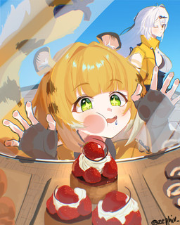 accessory big_breasts blonde_hair bodily_fluids breasts cake clothing coat dessert face_squish fangs female food fruit glistening glistening_hair green_eyes hair hair_accessory hair_between_eyes long_hair markings one_eye_closed open_mouth plant raised_tail saliva shirt sparkles sparkling_eyes squish strawberry striped_hair striped_markings striped_tail stripes tail tail_markings teeth topwear white_hair yellow_clothing yellow_coat yellow_shirt yellow_topwear young young_female young_humanoid zephiv mihoyo zenless_zone_zero ju_fufu yixuan_(zenless_zone_zero) animal_humanoid felid felid_humanoid human humanoid mammal mammal_humanoid pantherine pantherine_humanoid thiren tiger_humanoid 4:5 absurd_res hi_res