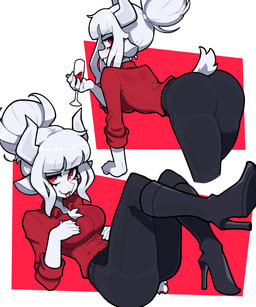 alcohol anthro bent_over beverage blush boots butt clothed clothing container cup drinking_glass eyebrows female footwear fully_clothed glass glass_container glass_cup high_heeled_boots high_heels looking_at_viewer lying presenting presenting_hindquarters raised_eyebrow seductive shoes solo tail tongue tongue_out wine wine_glass muds helltaker goat_lucifer_(helltaker) bovid caprine demon goat mammal 5:6 absurd_res hi_res