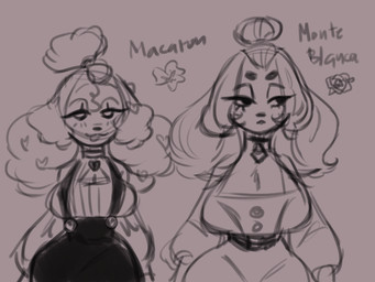 anthro big_breasts breasts circle_eyebrows cleavage_cutout collar curly_hair curvy_figure cutout duo eyebrows female frown hair heart_accessory hourglass_figure overall_dress smile text tongue tongue_out topknot wide_hips lewdersheep macaron_(lewdersheep) mont_blanc_(lewdersheep) canid canine canis domestic_dog mammal poodle 4:3 hi_res sketch