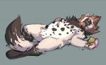 anthro food fur grey_body grey_fur lying male on_back sleeping solo gonewiththefart hyena mammal spotted_hyena digital_media_(artwork)