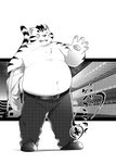 anthro belly bottomwear clothing eyes_closed eyewear glasses humanoid_hands kemono male overweight overweight_anthro overweight_male pants solo hinami felid feline mammal 2015 monochrome