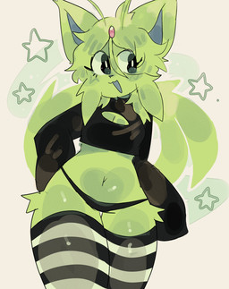 antennae_(anatomy) anthro black_eyes breasts cheek_tuft cleavage clothed clothing facial_tuft female fluffy forehead_gem forked_tail fur gem green_body green_fur green_tail legwear navel panties pattern_clothing solo striped_clothing stripes sweater tail thigh_highs topwear tuft underwear unusual_anatomy unusual_tail uovo nintendo pokemon eeveelution espeon generation_2_pokemon pokemon_(species) shiny_pokemon absurd_res hi_res