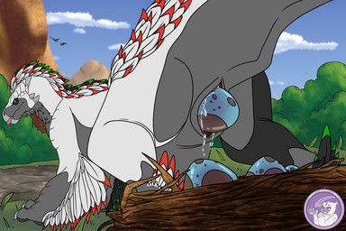 all_fours animal_genitalia belly big_belly biral blep cloaca egg egg_from_cloaca female feral genitals looking_back mountain nest outside oviposition plant pregnant pregnant_female pregnant_feral rock shrub spotted_egg tongue tongue_out hyperchibiabsol capcom monster_hunter mythology bird_wyvern dinosaur dragon mythological_creature mythological_scalie prehistoric_species reptile scalie seikret 3:2 hi_res
