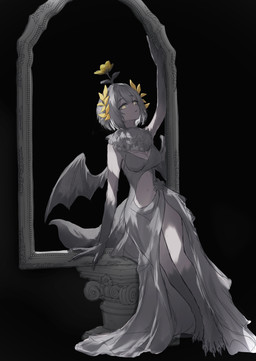 black_background breasts claws clothing column dress female flower_on_head fluffy fluffy_chest grey_body grey_hair hair laurel_wreath looking_at_viewer membrane_(anatomy) membranous_wings simple_background solo tail window wings teadia_violet arknights hypergryph studio_montagne questioning_statue_(arknights) humanoid 2026 absurd_res digital_media_(artwork) hi_res